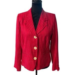 Red Pinstripe Blazer Women's 8 Career Euro‎ Jacket Linen 3 Button Front VINTAGE